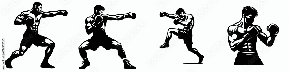 Silhouettes of boxers in various fighting poses, showcasing strength and athleticism in a dynamic, action-oriented composition. Silhouettes of boxers in various fighting poses, showcasing strength and athleticism in a dynamic, action-oriented composition.