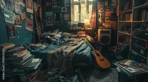 A warm, cluttered bedroom features a cozy bed, scattered books, and a guitar resting on the floor. The walls are filled with posters, and soft light streams through the window, creating an inviting