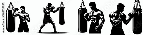 A series of silhouettes depicting boxers training with a punching bag, showcasing physical fitness and boxing techniques.
