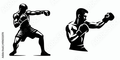 Two stylized black silhouettes of boxers in dynamic poses, showcasing athleticism and the sport of boxing.