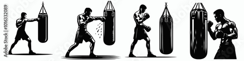 A series of silhouettes showing a boxer training on a heavy bag, illustrating different punching techniques and movements.