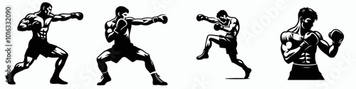 Silhouettes of boxers in various fighting poses, showcasing strength and athleticism in a dynamic, action-oriented composition.