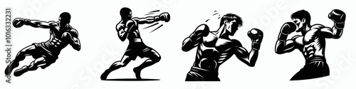 Four dynamic boxing silhouettes showcasing different stances and movements, emphasizing athleticism and technique.