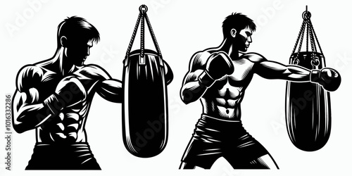 Two muscular boxers training on a heavy bag, showcasing their strength and technique in a black and white graphic.