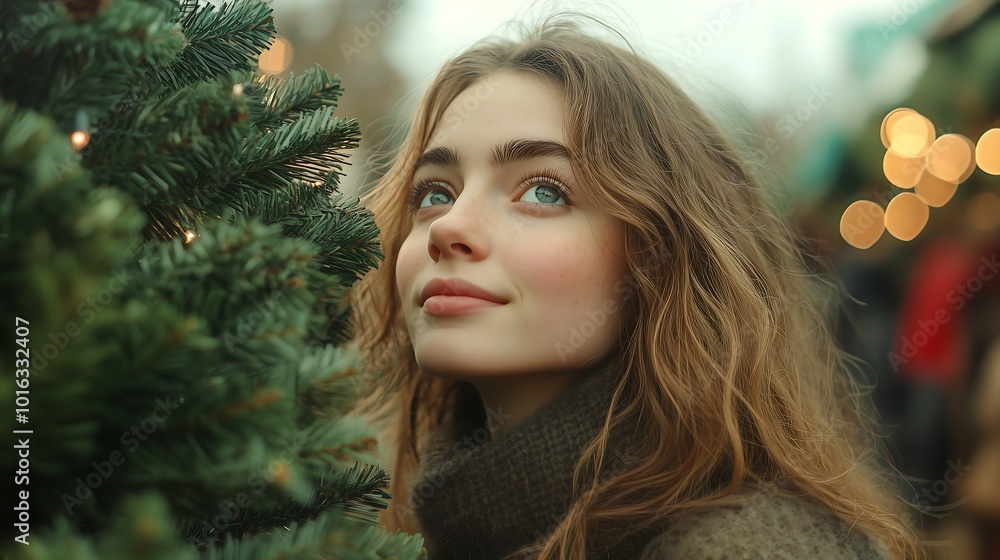 a young woman, wrapped in a warm coat, leans forward to inspect a lush, vibrant Christmas tree a young woman, wrapped in a warm coat, leans forward to inspect a lush, vibrant Christmas tree