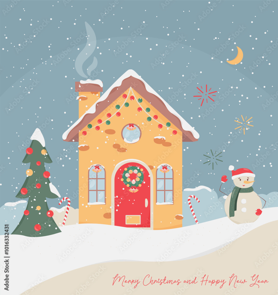 Winter Christmas Landscape. Cute house decorated with Christmas garlands and toys. It's snowing. Merry Christmas and Happy New Year. Vector illustration Winter Christmas Landscape. Cute house decorated with Christmas garlands and toys. It's snowing. Merry Christmas and Happy New Year. Vector illustration
