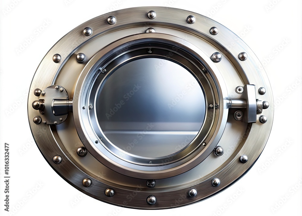 Macro Photography of Hyperbaric Chamber Porthole with Metallic Frame and Bolts on White Background Macro Photography of Hyperbaric Chamber Porthole with Metallic Frame and Bolts on White Background
