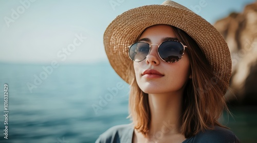 Coastal Summer Style: A young woman with shoulder-length brown hair, wearing stylish sunglasses and a wide-brimmed straw hat, gazes thoughtfully out at the ocean.