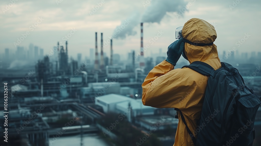 An experienced Asian engineer in protective gear, adjusting his glasses while surveying a sprawling factory complex, with smoke stacks piercing the skyline behind him An experienced Asian engineer in protective gear, adjusting his glasses while surveying a sprawling factory complex, with smoke stacks piercing the skyline behind him