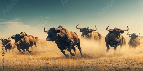 A dynamic scene of running buffaloes across a golden landscape, capturing the essence of wild nature and freedom.