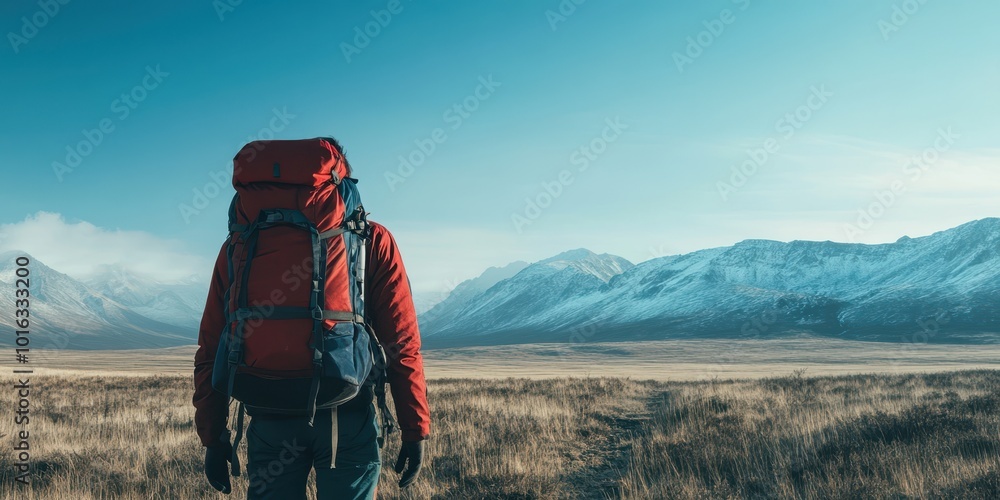 A lone hiker in a red jacket stands before majestic mountains, showcasing the beauty of adventure and rugged nature. A lone hiker in a red jacket stands before majestic mountains, showcasing the beauty of adventure and rugged nature.