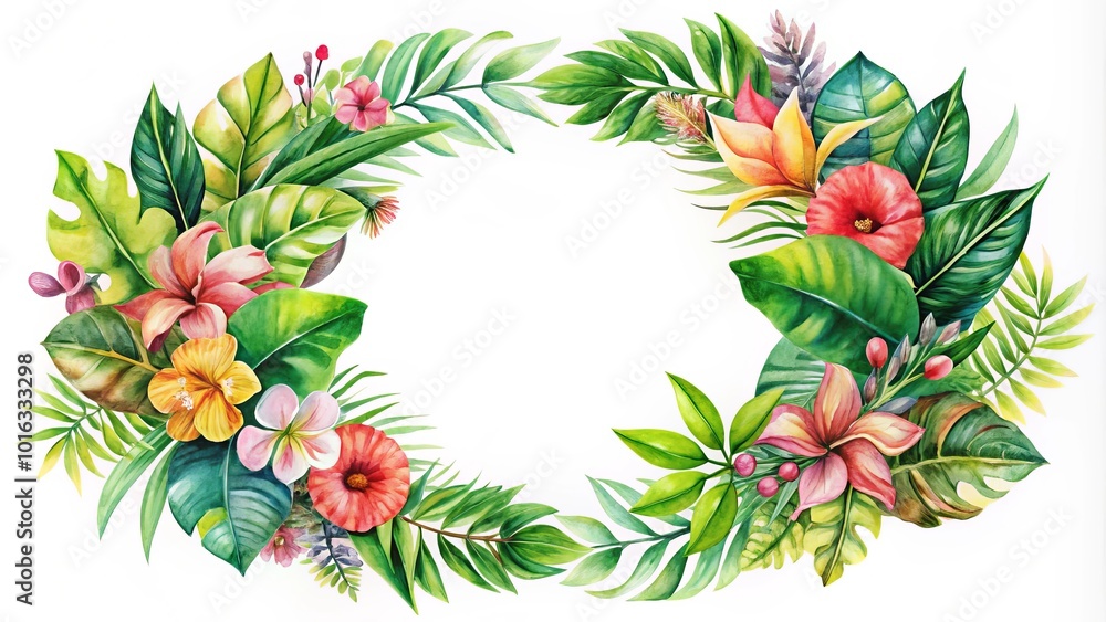 Naklejka premium This charming watercolor round frame showcases tropical blooms and rich green foliage on a clean white background, perfect for botanical-themed