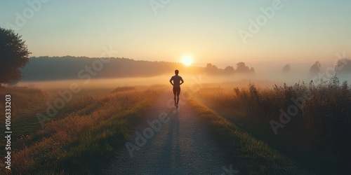 A lone runner jogging along a misty path at sunrise, embodying freedom, vitality, and the beauty of an early morning.