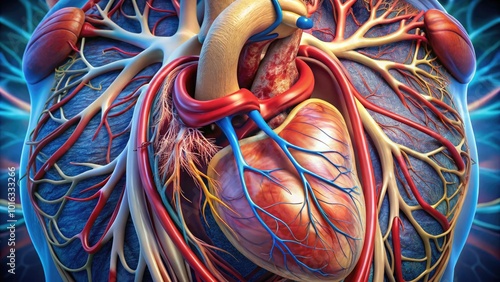 Macro view of human heart's valve anatomy, showcasing tricuspid, pulmonary, mitral, and aortic valves, with precise details of flaps, cusps, and blood flow pathways. photo