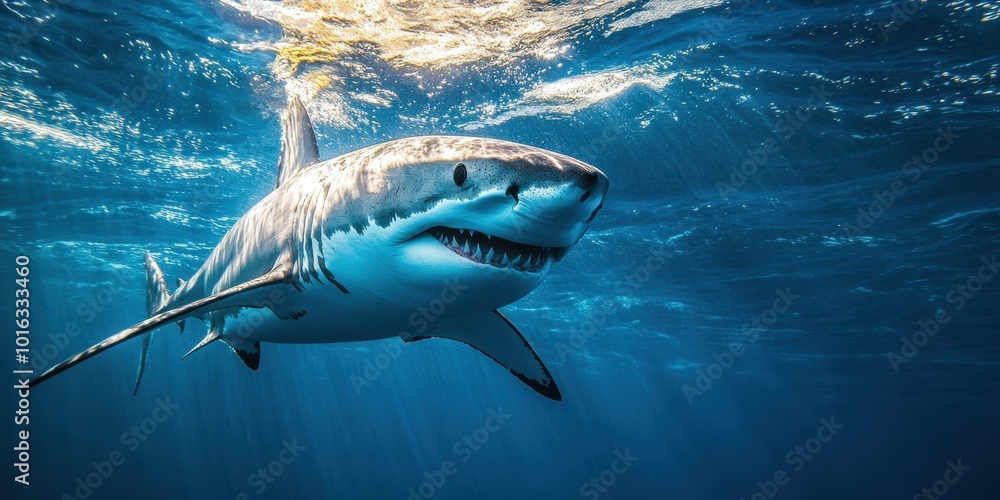 Naklejka premium A majestic shark swimming gracefully through clear blue waters, showcasing its powerful form and unique features.