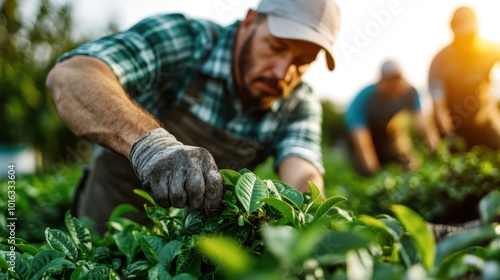 A dedicated farmer leans in to inspect vibrant green tea leaves closely, embodying dedication, agriculture, and the pursuit of a bountiful and sustainable harvest.