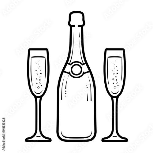 Line art drawing of a bottle of champagne and two champagne flutes. Vector illustration