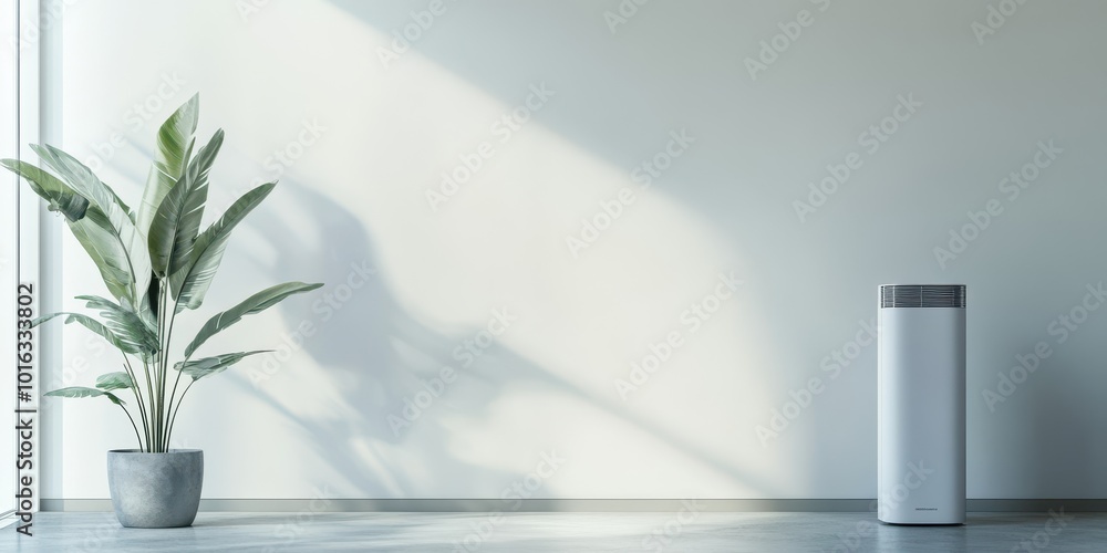 A modern interior scene featuring a potted plant and a white column in soft sunlight, creating a serene and refreshing atmosphere. A modern interior scene featuring a potted plant and a white column in soft sunlight, creating a serene and refreshing atmosphere.