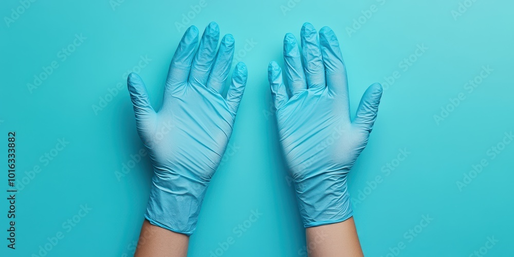 Obraz premium A pair of hands wearing blue latex gloves against a teal background, ideal for healthcare and hygiene themes.