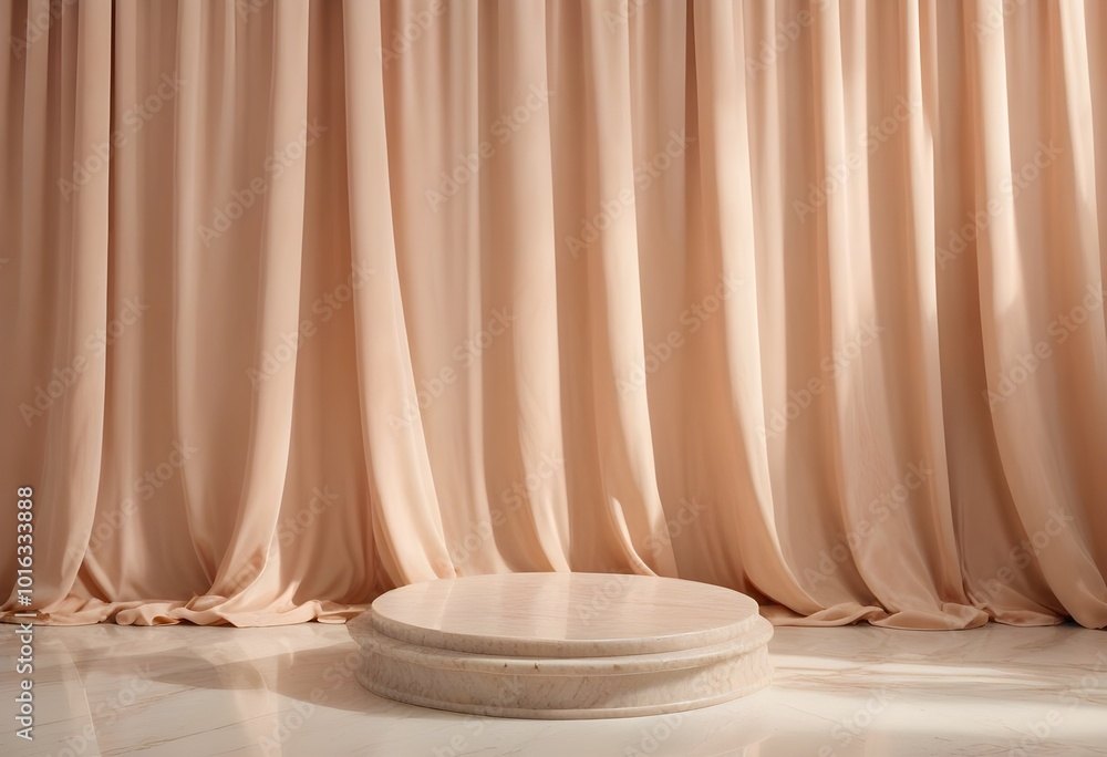 A marble podium or pedestal on a surface, with soft, flowing peach-colored curtains in the background A marble podium or pedestal on a surface, with soft, flowing peach-colored curtains in the background