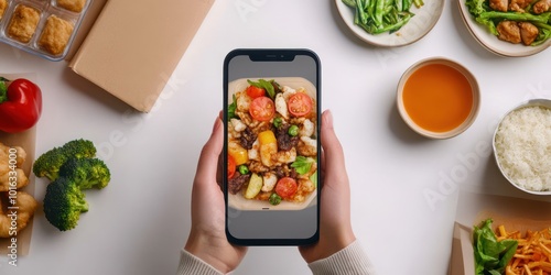 A person holds a smartphone displaying a colorful meal, surrounded by fresh ingredients and dishes on a bright kitchen table.