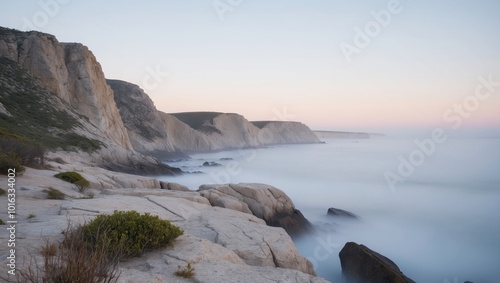 Rocky coastal landscape with rugged cliffs and sparse vegetation at dawn.