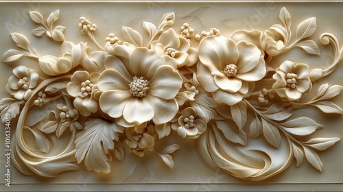 Intricate Carved Floral Design on a Cream-Colored Background