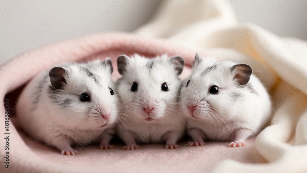 Three Adorable Hamsters on a Pink Blanket. Three Adorable Hamsters on a Pink Blanket.