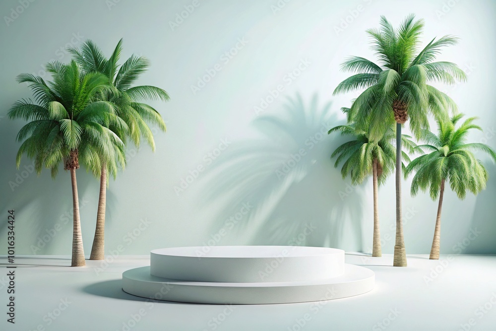 Minimal aerial scene with round podium and palm trees Minimal aerial scene with round podium and palm trees