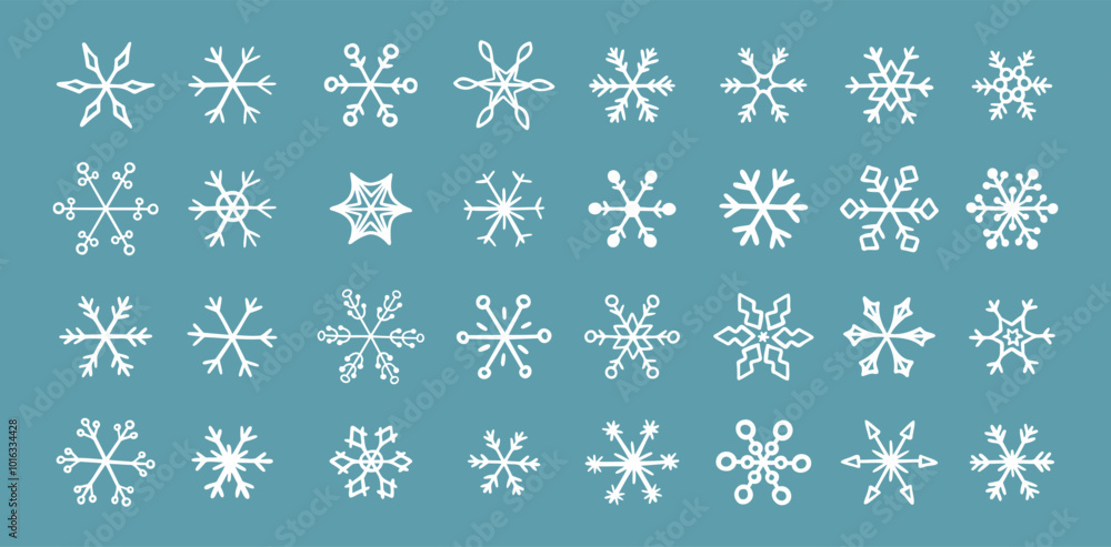 Hand drawn snowflake doodle vector icon collection, winter snow symbol. White snowflakes on a blue background Hand drawn snowflake doodle vector icon collection, winter snow symbol. White snowflakes on a blue background