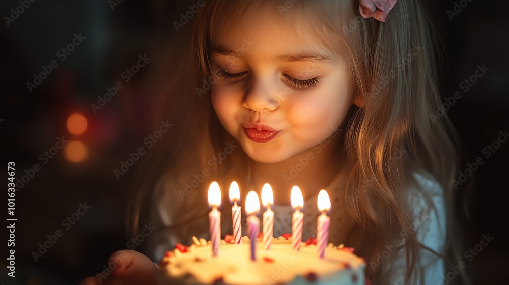 A young girl with long blonde hair blows out candles on a birthday cake.