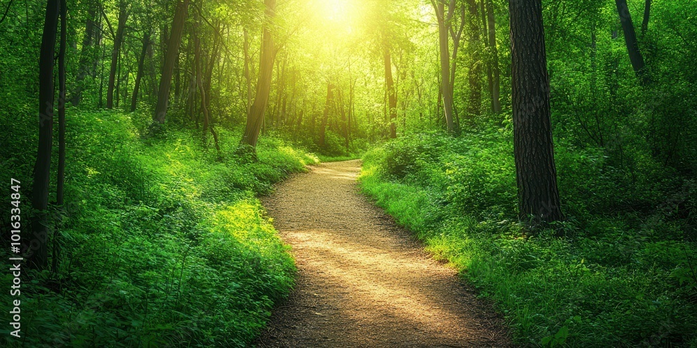Fototapeta premium A serene forest path illuminated by warm sunlight, surrounded by lush greenery and vibrant foliage, inviting a peaceful stroll.