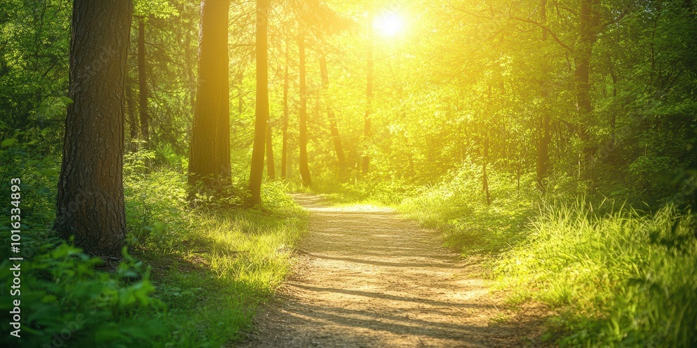 Fototapeta premium A serene forest path illuminated by sunlight, surrounded by lush greenery and vibrant foliage, perfect for nature lovers.