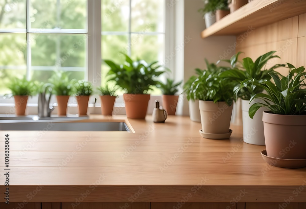 Fototapeta premium A wooden kitchen counter with potted plants and greenery in the background, with a blurred outdoor scene visible through a window