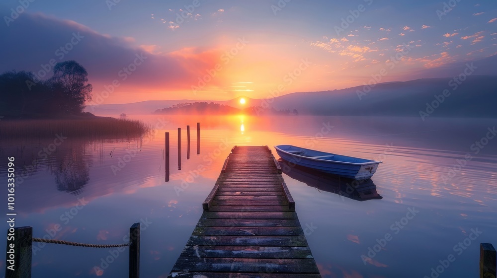 Fototapeta premium Sunrise over a calm lake with mist rising from the water, creating a serene and peaceful atmosphere