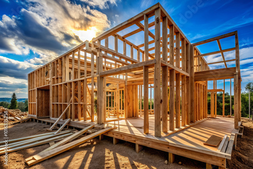 house being built with wooden framing under beautiful sky, showcasing construction process and natural surroundings. sunlight adds warm glow to scene, highlighting structures progress