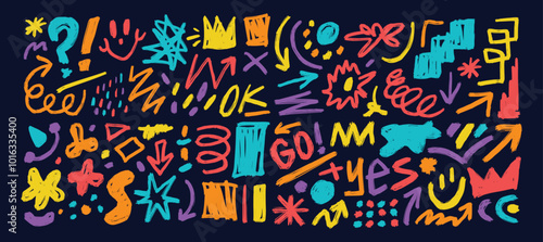 Hand drawn organic grunge bold shapes, curved lines and dots vector set. Geometric set in Memphis style. Grunge swirled brush stroke, curly and straight lines.