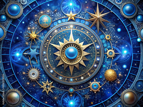 stunning blue starry sky featuring celestial elements, including stars, planets, and intricate designs, evokes sense of wonder and exploration