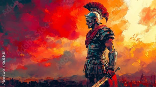 Roman Soldier Standing Proudly with Sword Raised Against Vibrant Sunset Backdrop Generative AI