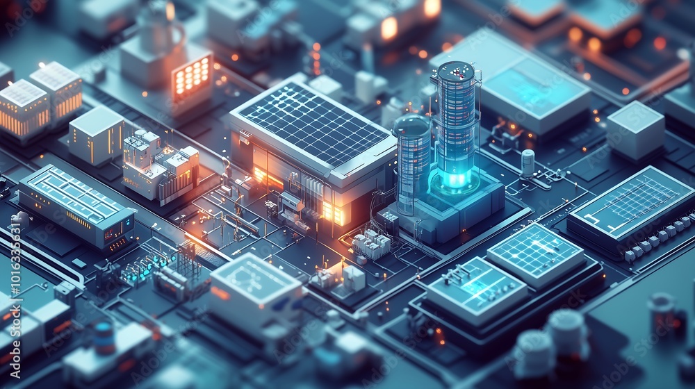 Obraz premium A detailed isometric view of a hospital wing powered by hydrogen energy, featuring sustainable power generators and various healthcare equipment connected to the clean energy grid