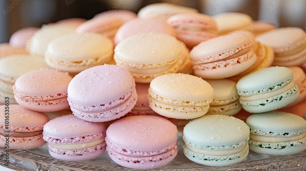 A beautiful assortment of pastel macaroons arranged on a table, with soft lighting highlighting their delicate and colorful shells. A beautiful assortment of pastel macaroons arranged on a table, with soft lighting highlighting their delicate and colorful shells.