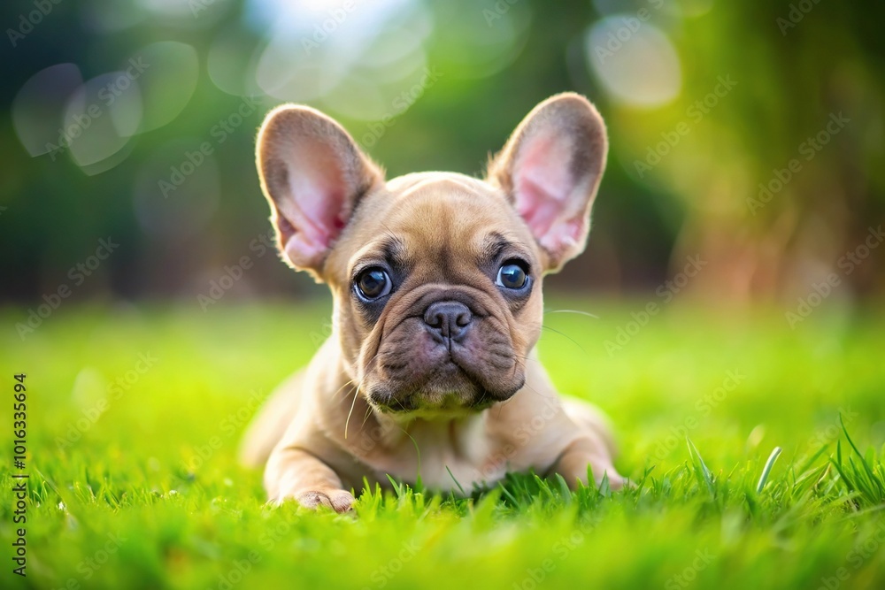 Adorable French bulldog puppy lying on green grass Close-Up Adorable French bulldog puppy lying on green grass Close-Up