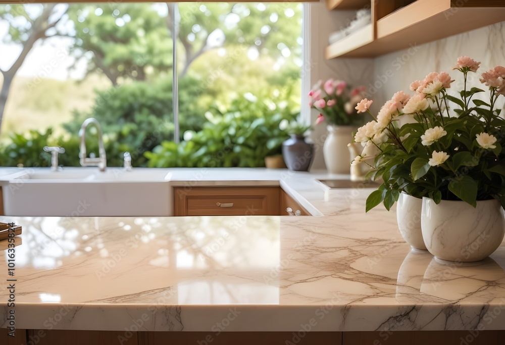 A marble kitchen counter with a vase of fresh flowers and a bonsai tree in the background, with a blurred beach scene visible through a window A marble kitchen counter with a vase of fresh flowers and a bonsai tree in the background, with a blurred beach scene visible through a window