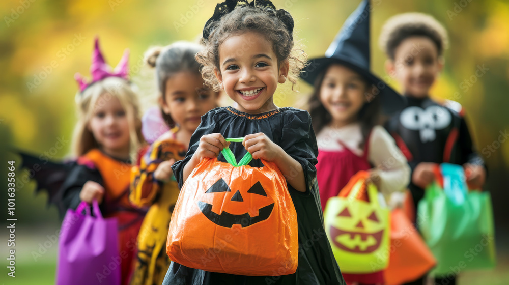 Fototapeta premium Group of children in Halloween costumes with pumpkins and trick or treat party bags