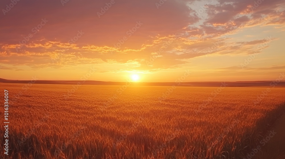A beautiful sunset over a vast field of ripe crops, casting a golden glow across the landscape, celebrating the abundance A beautiful sunset over a vast field of ripe crops, casting a golden glow across the landscape, celebrating the abundance