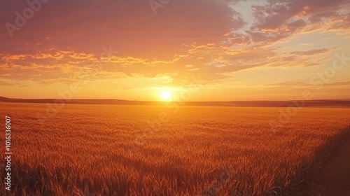 A beautiful sunset over a vast field of ripe crops, casting a golden glow across the landscape, celebrating the abundance