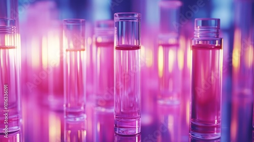 A close-up shot of several glass vials filled with a clear liquid, illuminated by pink and blue neon lights.