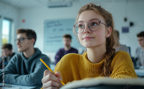 Junge Studentin sitzt im Unterricht und hört aufmersam zu. photo