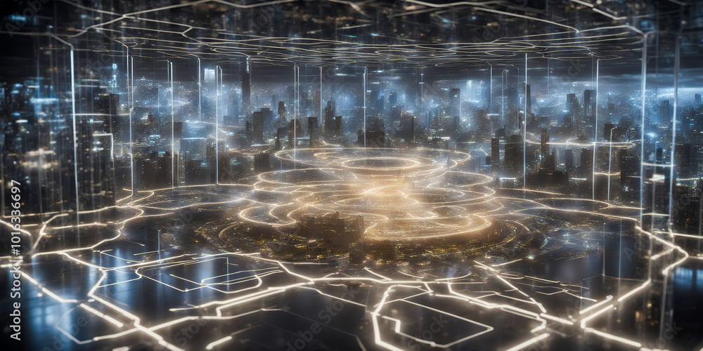 Obraz premium 未来都市の半導体ラボの進化イメージ