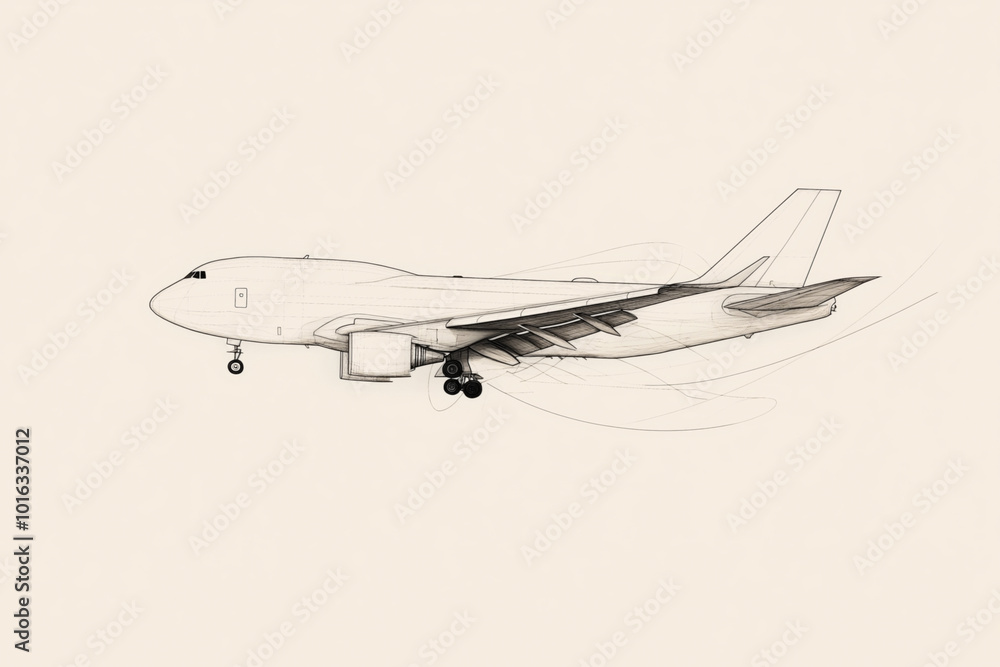 Detailed technical drawing of a commercial airplane in flight with its landing gear extended, showcasing aerodynamic lines and aircraft structural components. Detailed technical drawing of a commercial airplane in flight with its landing gear extended, showcasing aerodynamic lines and aircraft structural components.